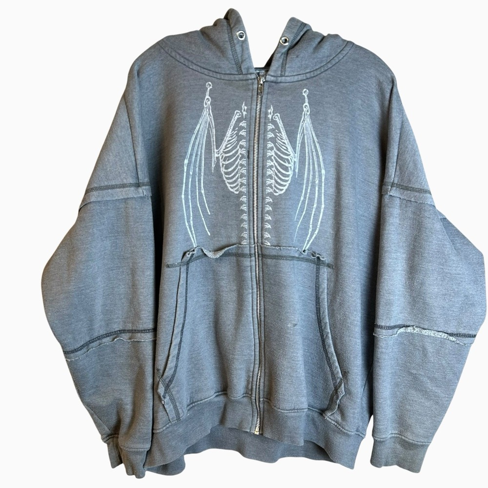 Grey Bat Skeleton Stitched Women's Hoodie Size Small (oversized) Gothic Wear